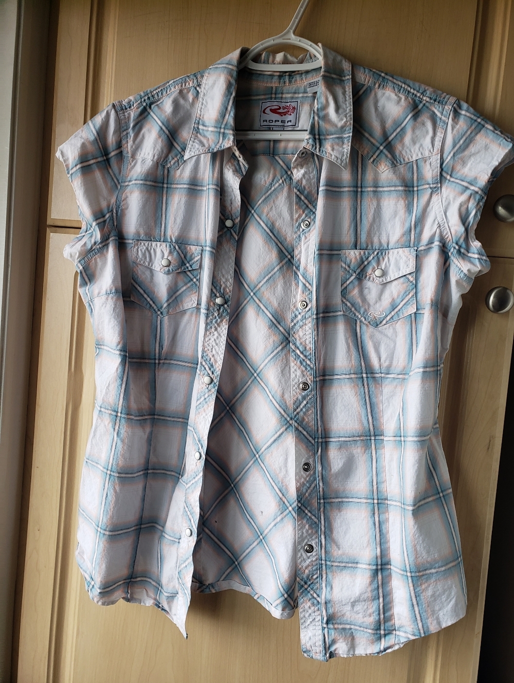 Roper 100% Cotton Light Blue Plaid Western Snap Shirt